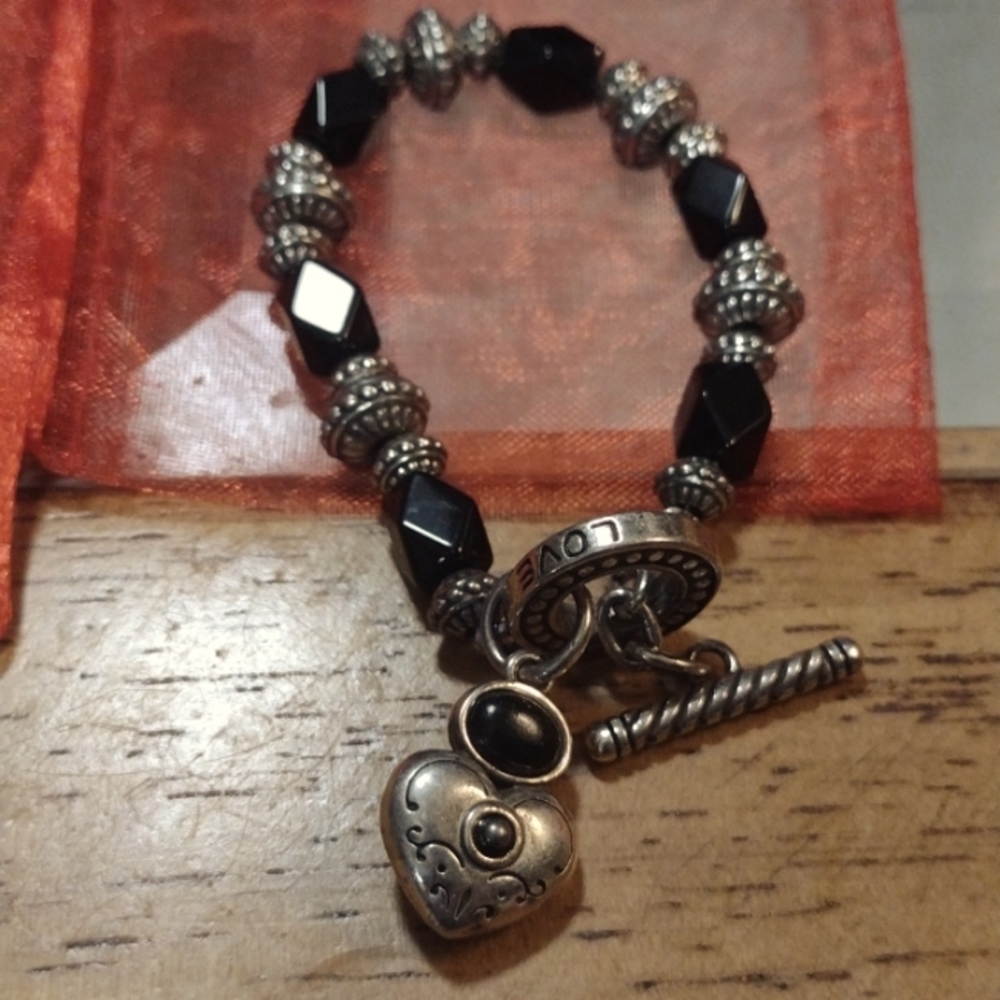 Brighton Silver Plated Black Bead Heart Toggle Bracelet